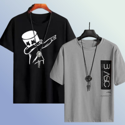 Graphic Print Men Grey, Black T-Shirt