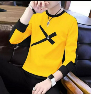 FAOES Colorblock Men Round Neck Yellow T-Shirt