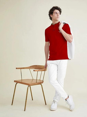 FABWAX Solid Men Mandarin Collar Red T-Shirt