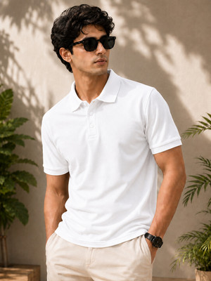 COTFYNE Self Design Men Polo Neck White T-Shirt