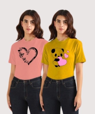 Lecowar Printed Women Round Neck Pink, Yellow T-Shirt