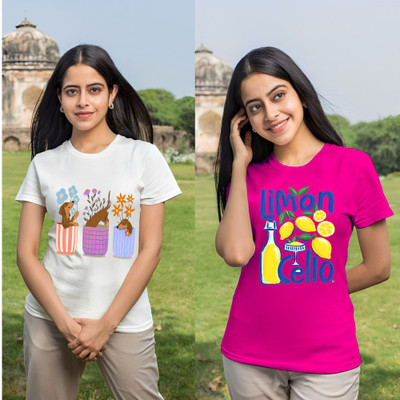 Parona Printed Women Round Neck White, Pink T-Shirt