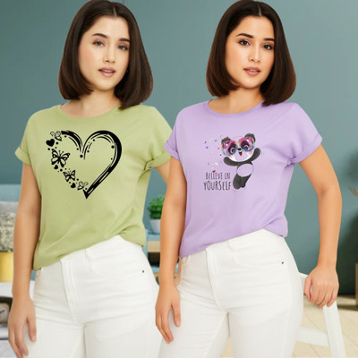 Kintu Parantu Printed Women Round Neck Green, Purple T-Shirt