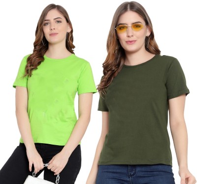 DEEPMAYRA COLLECTION Solid Women Round Neck Light Green, Dark Green T-Shirt