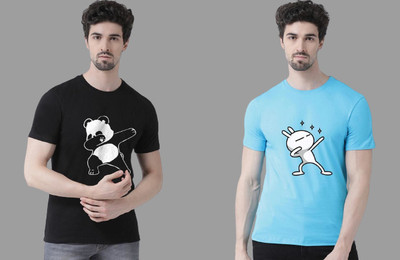 Majexic Printed Men Round Neck Black, Light Blue T-Shirt