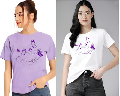 Printed Women Purple, White T-Shirt(Pack of 2)