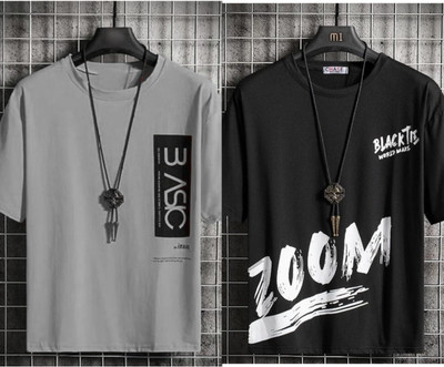 Printed Men Grey, Black T-Shirt