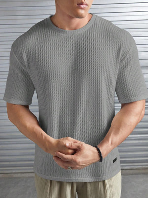 MSA Self Design Men Round Neck Grey T-Shirt