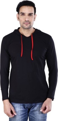 WRODSS Solid Men Hooded Neck Black T-Shirt