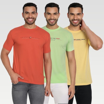 Zeffit Solid Men Round Neck Yellow, Light Green, Orange T-Shirt