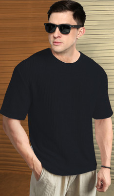 Nyker Self Design Men Round Neck Dark Blue T-Shirt