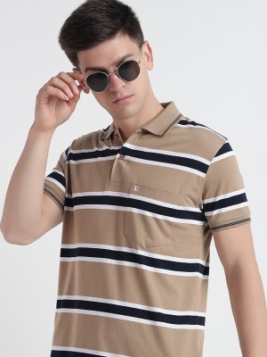 UNNIBERRY Striped Men Polo Neck Beige T-Shirt