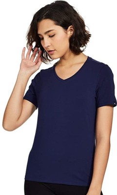 Indfash Solid Women V Neck Dark Blue T-Shirt