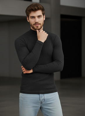 VIOUR Self Design Men High Neck Black T-Shirt