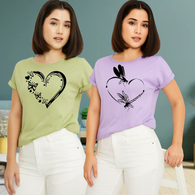 Kintu Parantu Graphic Print Women Round Neck Green, Purple T-Shirt