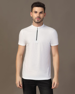 tfurnish Solid Men Mandarin Collar White T-Shirt