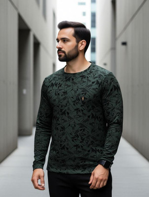 Magpy Self Design Men Dark Green T-Shirt