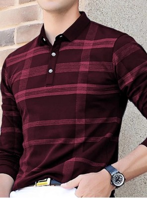 FIRST POSTION Printed Men Polo Neck Maroon T-Shirt