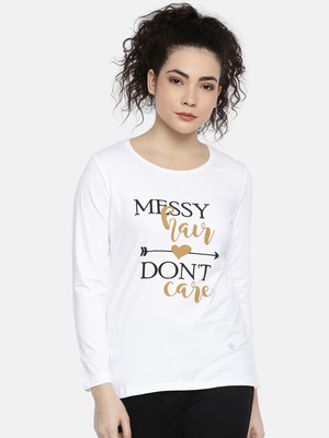 Dollar Missy Printed Women Round Neck White T-Shirt