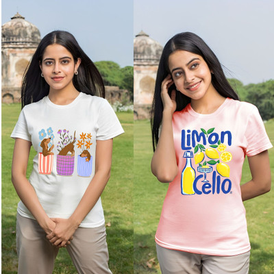 Parona Printed Women Round Neck White, Pink T-Shirt