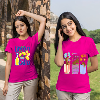 Lecowar Graphic Print Women Round Neck Pink T-Shirt