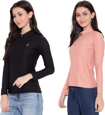DIAZ Solid Women Zip Neck Pink, Black T-Shirt
