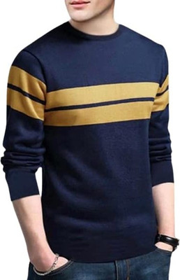 ATTITUDE START OF FASHION Striped Men Round Neck Blue T-Shirt