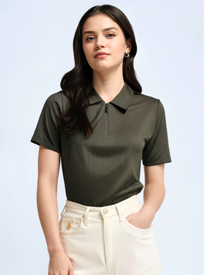 MACK JONNEY Self Design Women Polo Neck Green T-Shirt