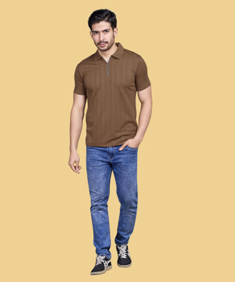 I&D Solid Men Zip Neck Brown T-Shirt