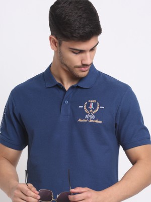 Affordable AF Solid Men Polo Neck Navy Blue T-Shirt