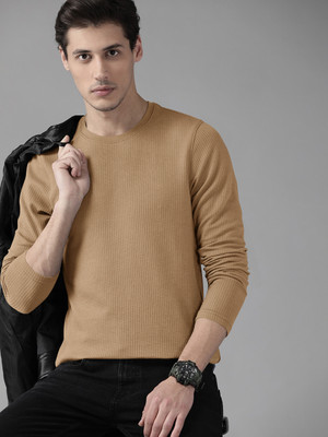 TEEMEX Solid Men Round Neck Beige T-Shirt