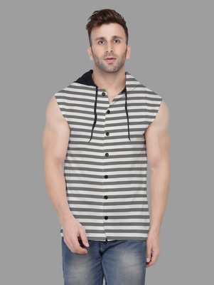 tfurnish Striped Men Hooded Neck Silver T-Shirt