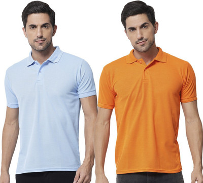 ACENTEO Solid Men Polo Neck Light Blue, Orange T-Shirt