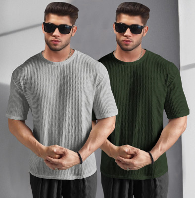 TRIPR Solid Men Round Neck Grey, Dark Green T-Shirt