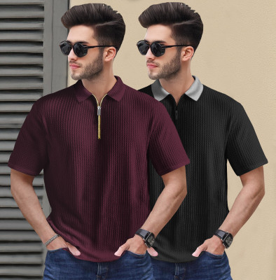 TRIPR Self Design Men Polo Neck Maroon, Black T-Shirt