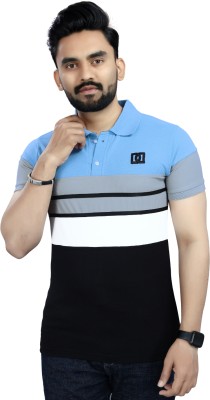 Lonaxa Striped Men Polo Neck Reversible Blue T-Shirt