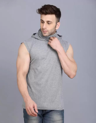 Silcoba Solid Men Hooded Neck Grey T-Shirt
