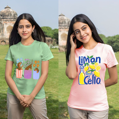 Parona Printed Women Round Neck Green, Pink T-Shirt