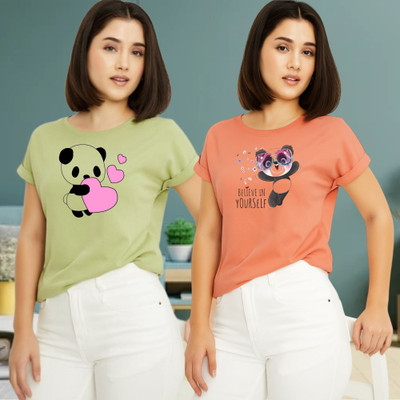 Kintu Parantu Printed Women Round Neck Green, Pink T-Shirt