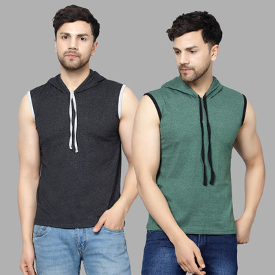 DIAZ Solid Men Hooded Neck Multicolor T-Shirt