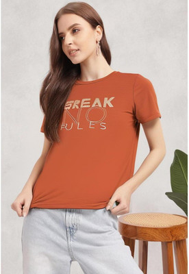 MACK JONNEY Printed Women Round Neck Orange T-Shirt