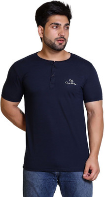 Classic Martino Solid Men Henley Neck Navy Blue T-Shirt