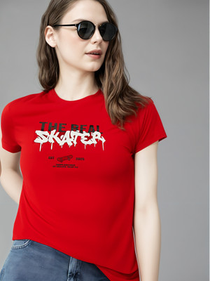 MACK JONNEY Printed Women Round Neck Red T-Shirt
