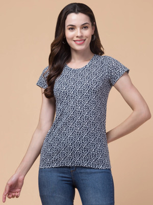 HouseOfCommon Printed Women Round Neck Black, Blue T-Shirt