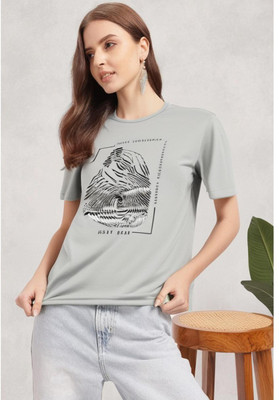 MACK JONNEY Printed Women Round Neck Silver T-Shirt