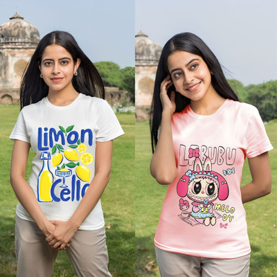 Parona Printed Women Round Neck White, Pink T-Shirt