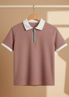 QOWL Self Design Men Zip Neck Pink T-Shirt