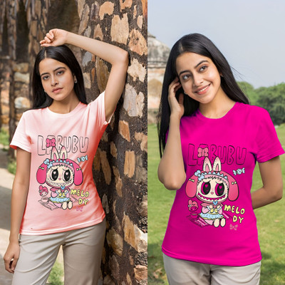 Lecowar Printed Women Round Neck Pink T-Shirt