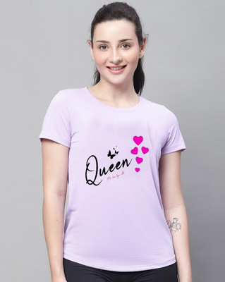 HouseOfCommon Printed Women Hooded Neck Purple T-Shirt