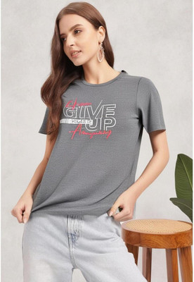 MACK JONNEY Printed Women Round Neck Grey T-Shirt